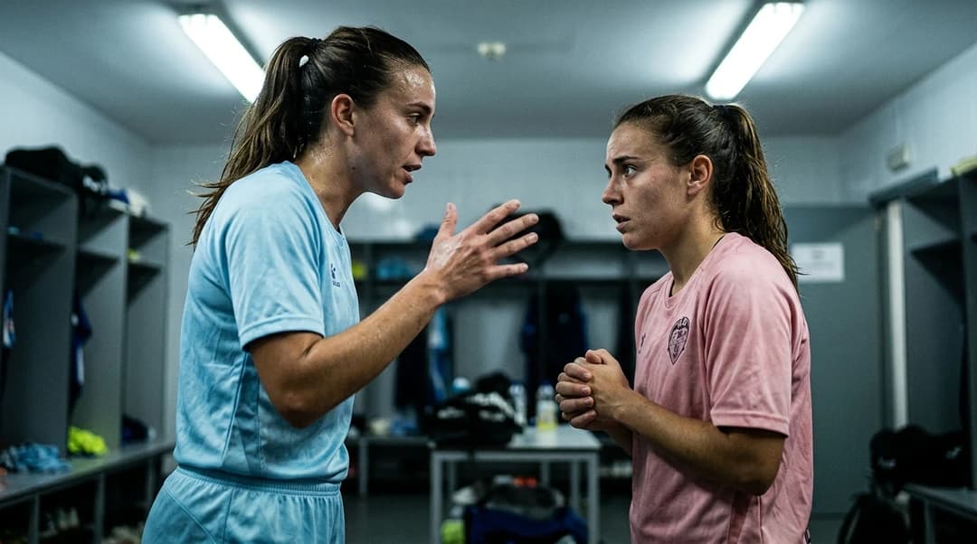 Two female football players engaged in a tense conversation in a locker room.