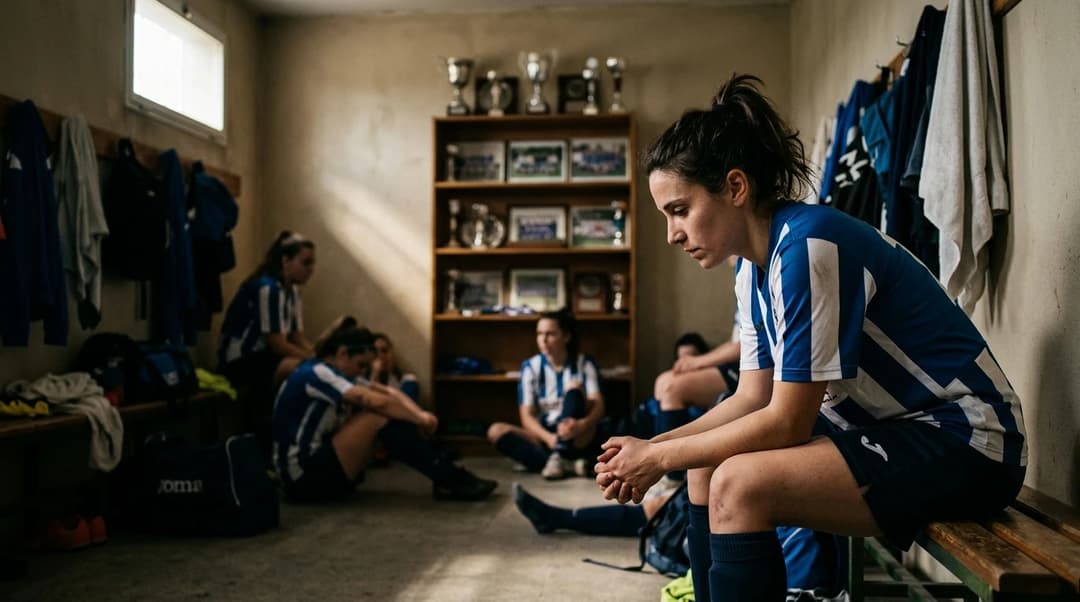 A female football player in a locker room, reflecting on a recent defeat.
