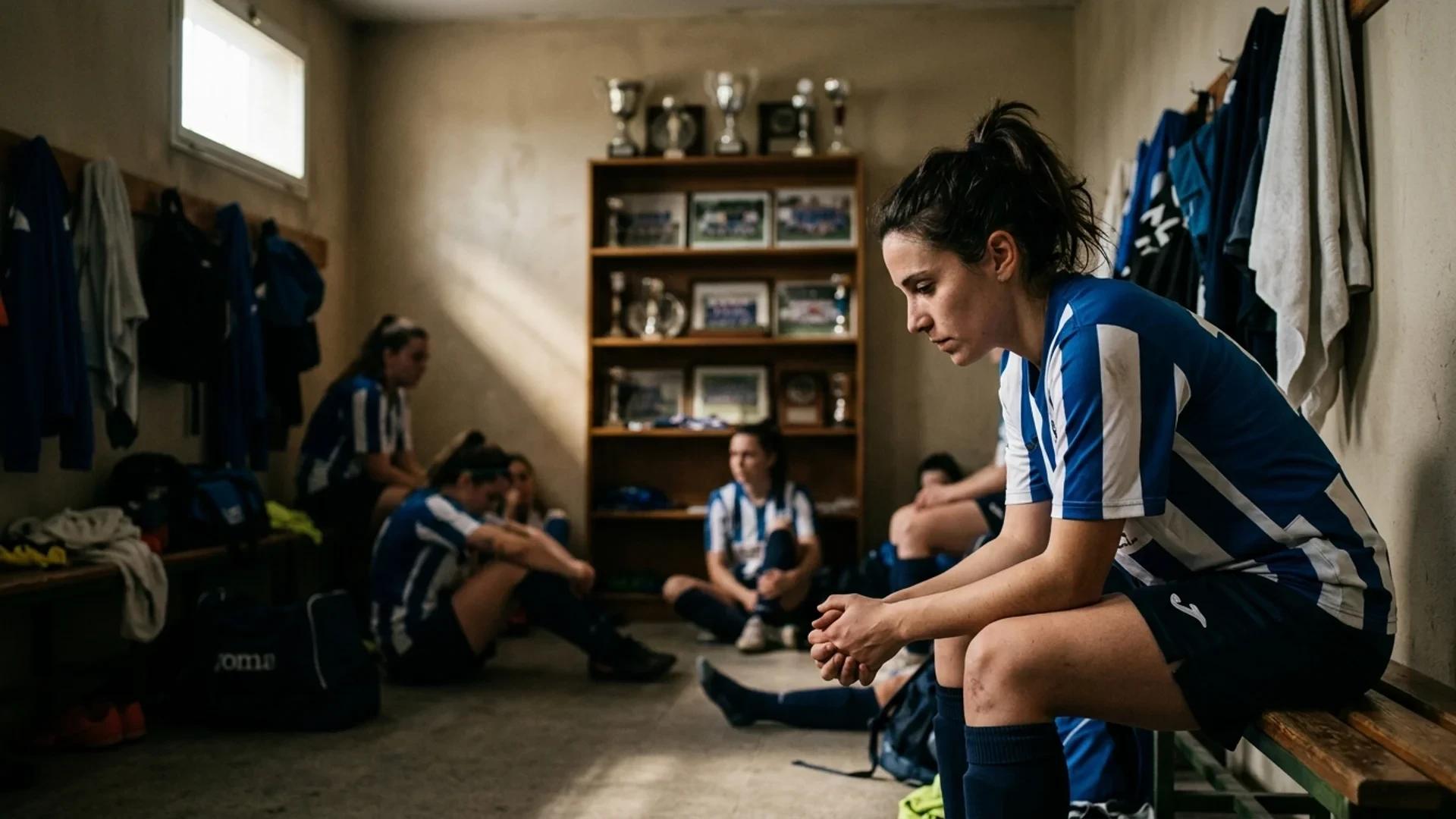 A female football player in a locker room, reflecting on a recent defeat.