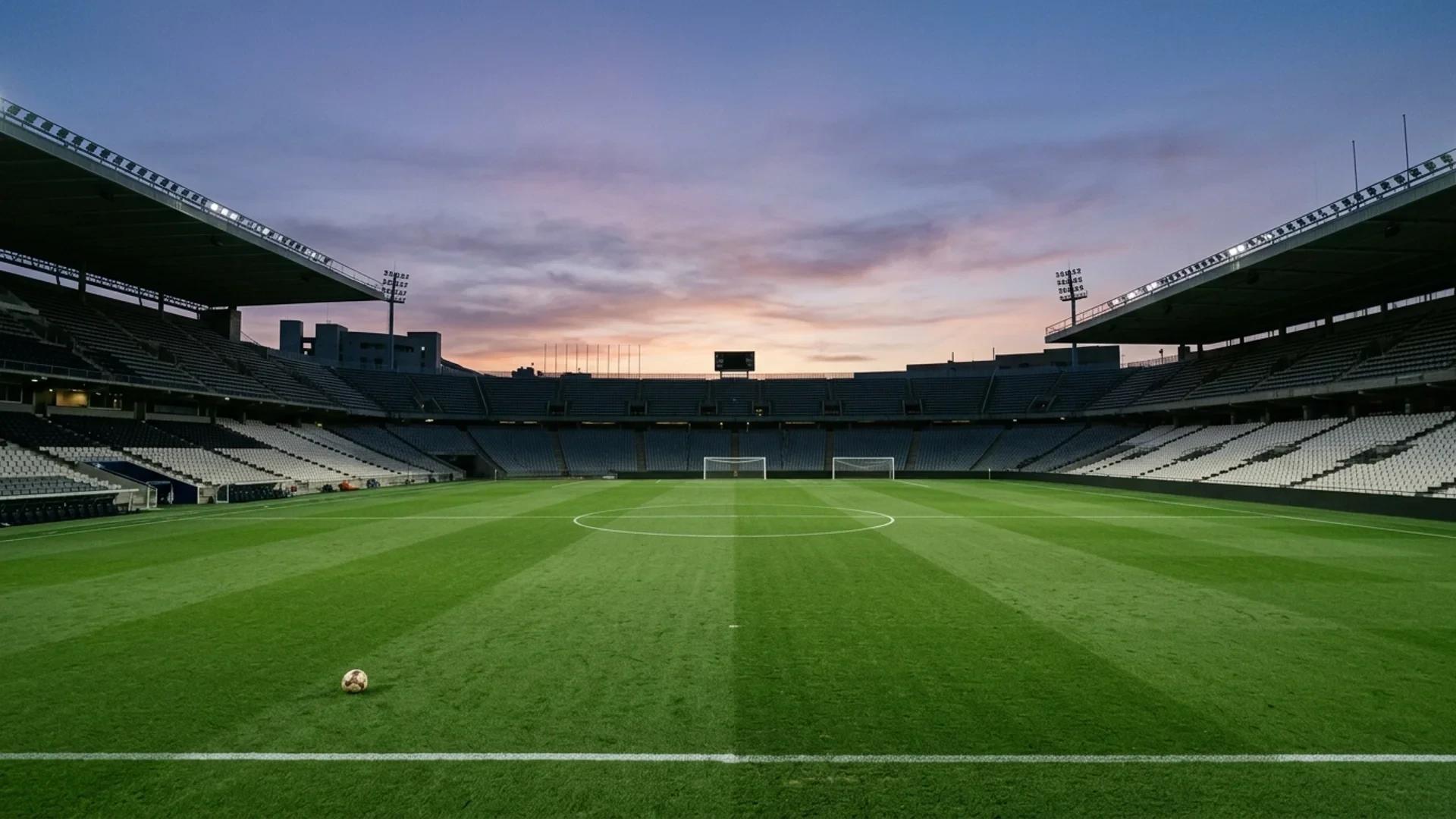 An empty football pitch at dusk, reflecting a moment of quiet after a match.