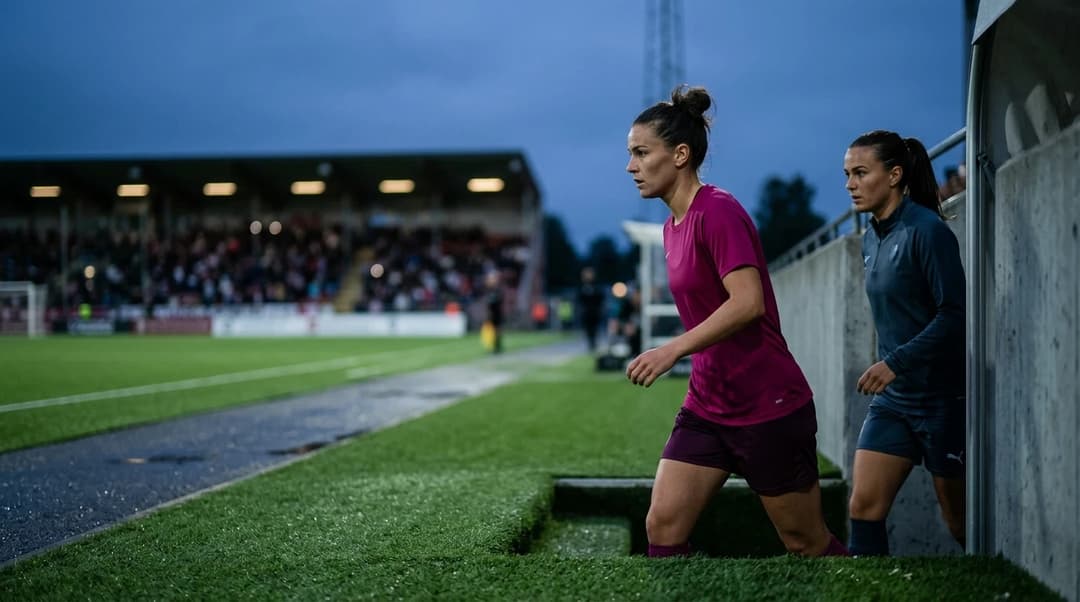 Female football players from Piteå and Växjö in a tense moment before a match.