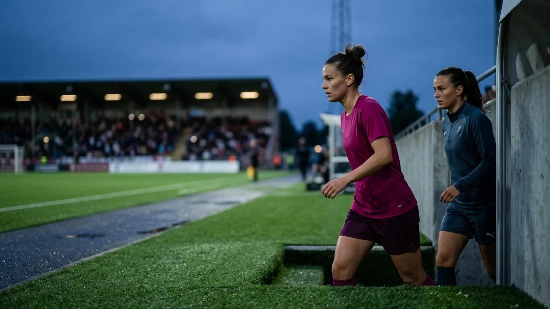 Female football players from Piteå and Växjö in a tense moment before a match.