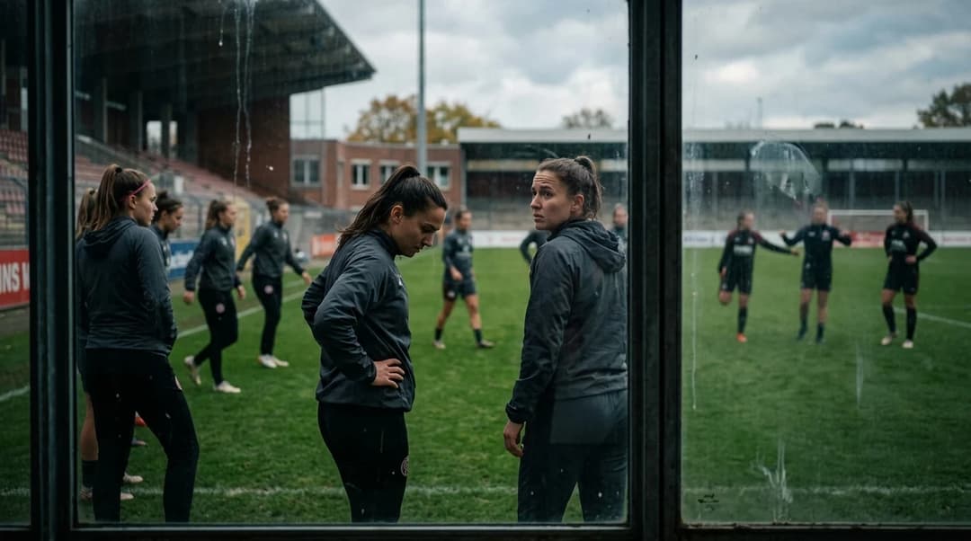 A scene showing female football players warming up outside the stadium, captured through glass.