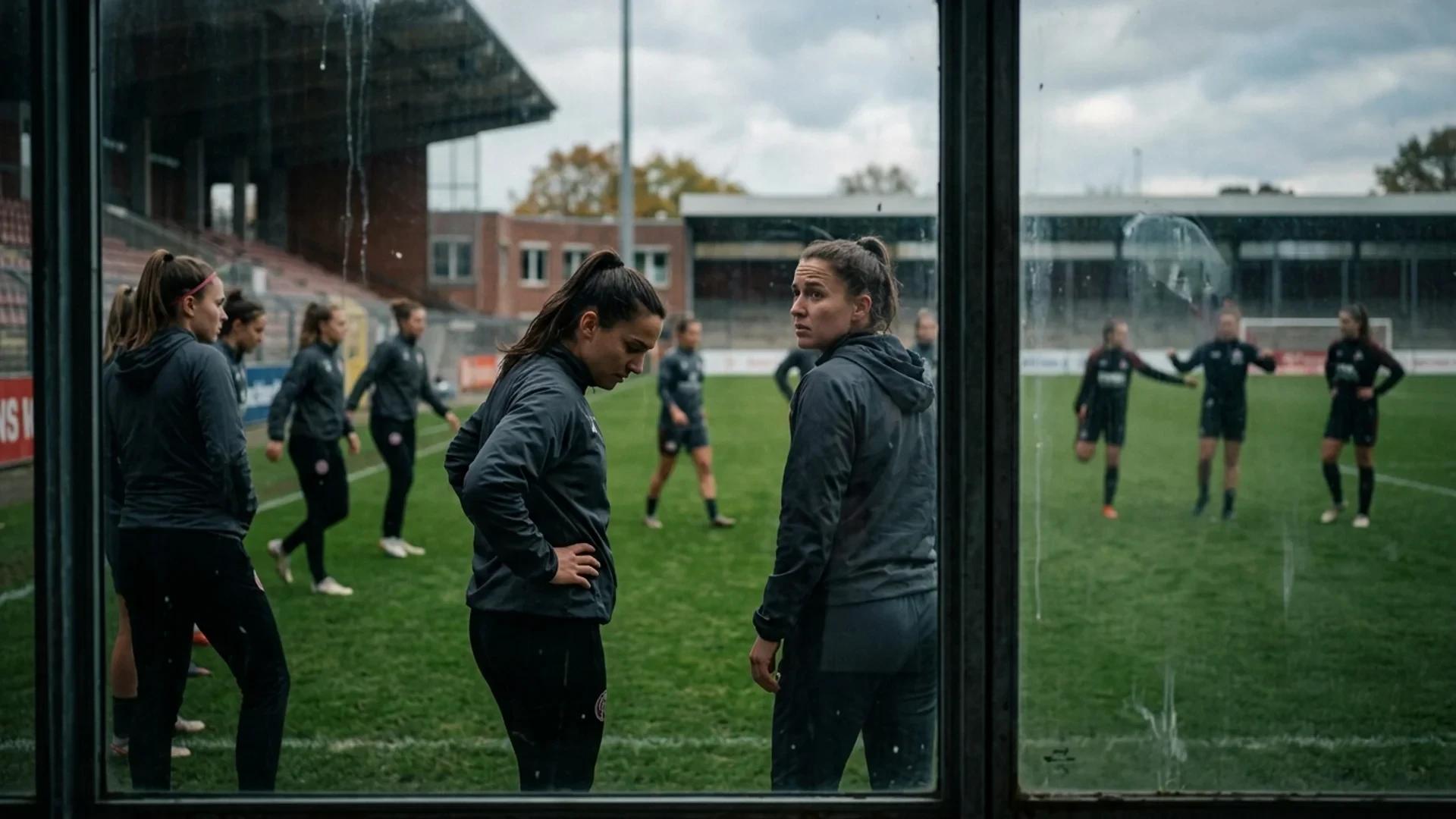 A scene showing female football players warming up outside the stadium, captured through glass.