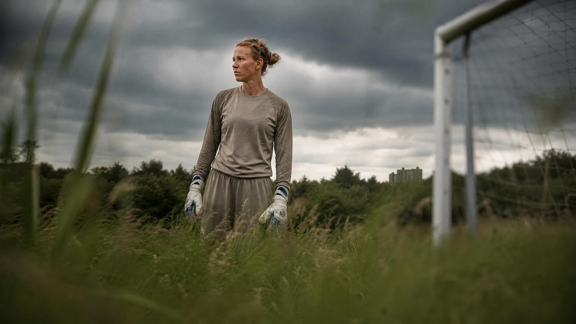 A female goalkeeper standing in a lush practice field, deep in thought with stormy clouds overhead.