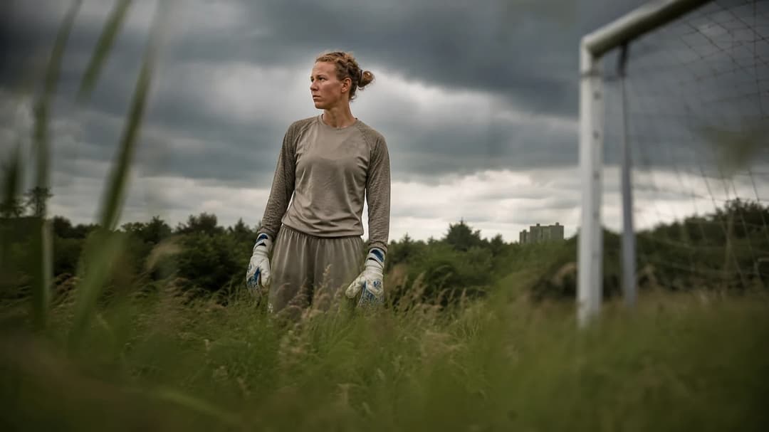 A female goalkeeper standing in a lush practice field, deep in thought with stormy clouds overhead.