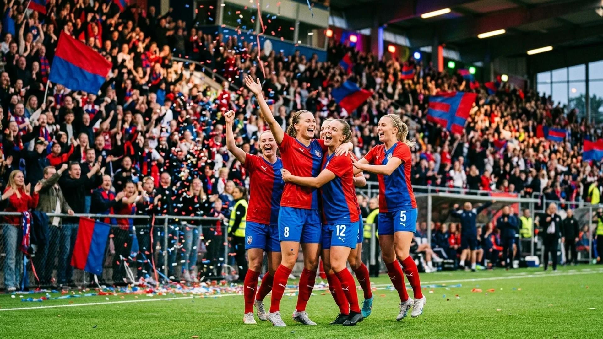 A group of Kristianstad players celebrating a goal amidst a vibrant crowd.