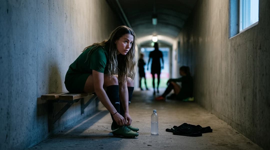 A female football player is lacing her boots in a dimly lit player tunnel, with teammates in the background.