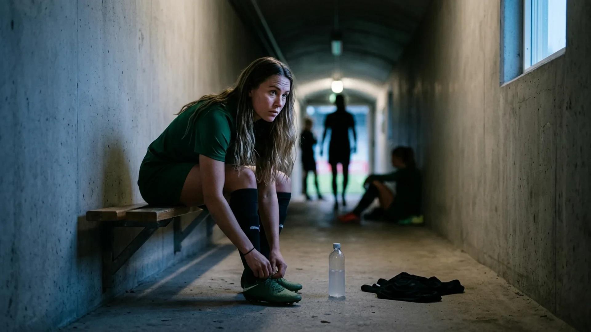 A female football player is lacing her boots in a dimly lit player tunnel, with teammates in the background.