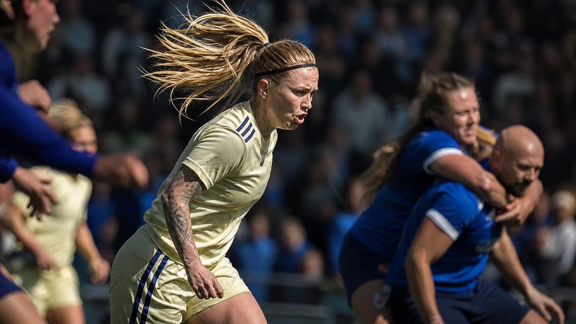 Therese Åsland in motion during a football match, surrounded by a blurred crowd.