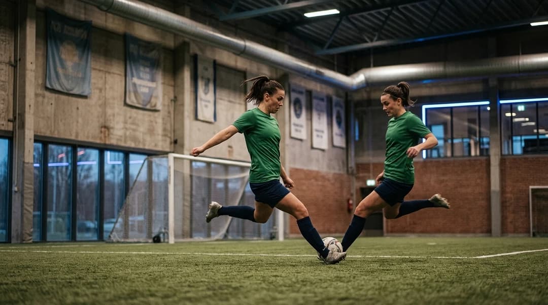 A female football player executing a kick in a training facility.