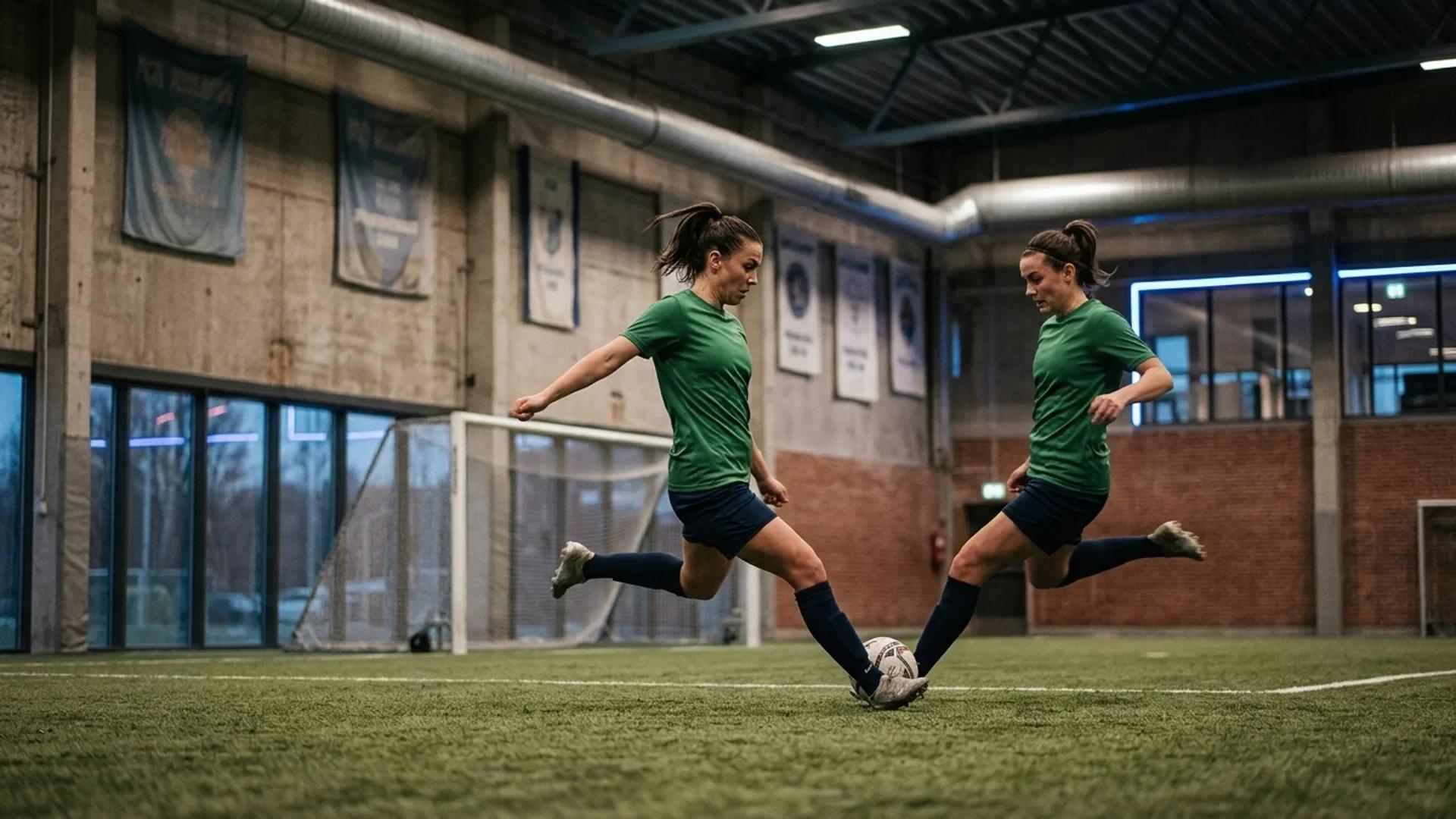 A female football player executing a kick in a training facility.