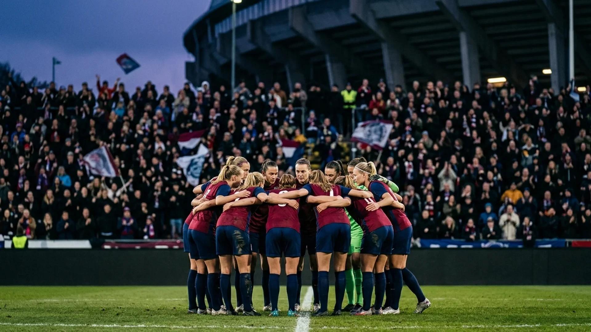 Vittsjö players huddled together in a stadium before a match, surrounded by cheering fans in the fading light.