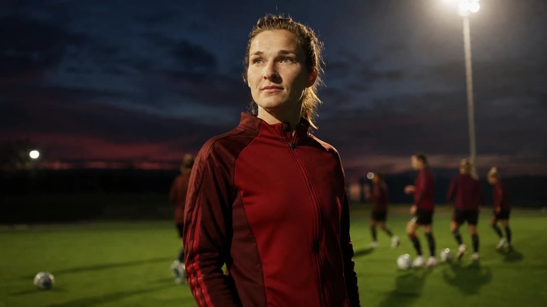 Katja Orschmann stands on a football pitch, illuminated by a spotlight, as teammates train in the background.