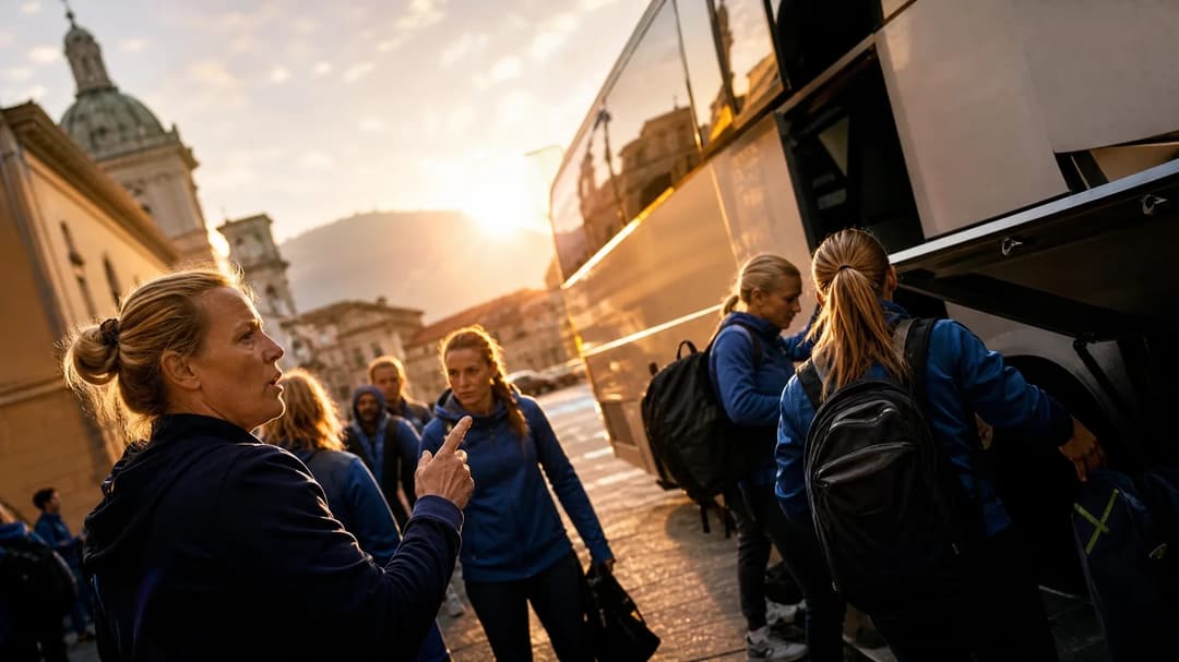 A football team preparing to board their bus, with a sunset backdrop.