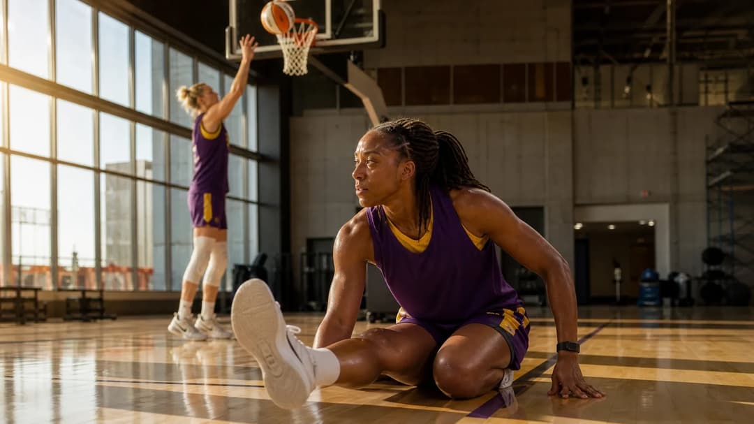 Aaliyah Nye stretching and Cameron Brink shooting a basketball in a training facility.