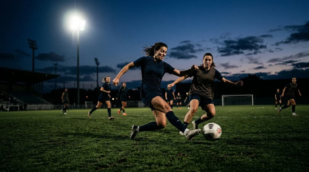A female football player training at dusk, lunging to intercept a ball on a dimly lit pitch.