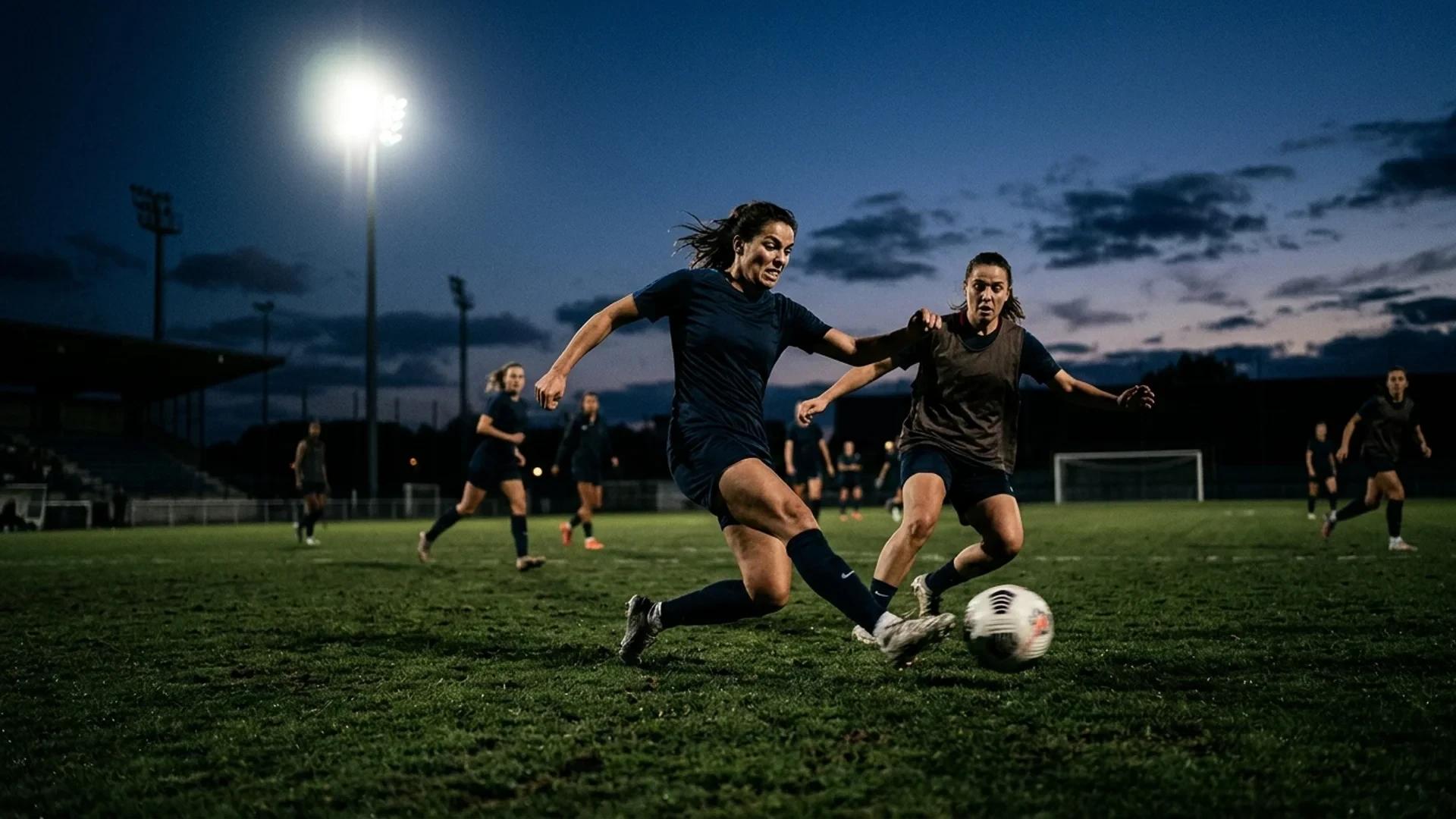 A female football player training at dusk, lunging to intercept a ball on a dimly lit pitch.