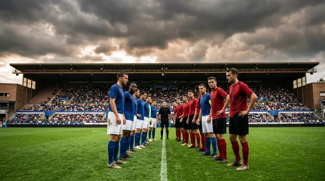 Intense moment before a football match with players focused and lined up on the pitch.