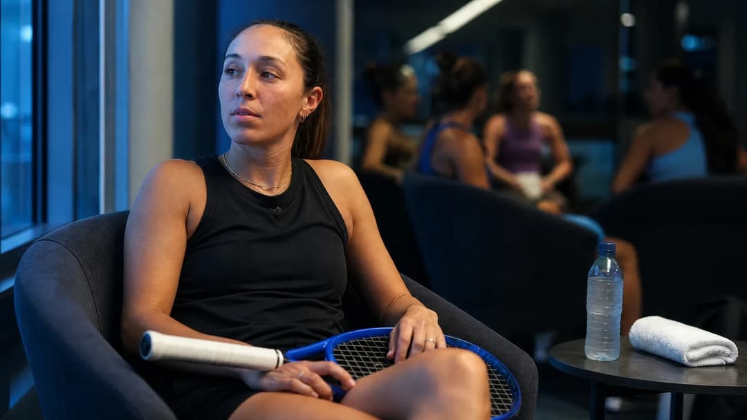 A female tennis player, Jessica Pegula, sitting on a chair in a lounge area, looking thoughtfully out of a window.