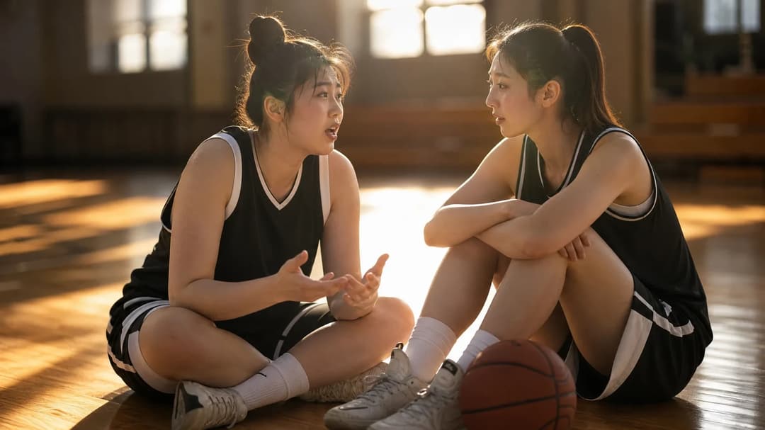 Li Yueru and Han Xu engage in a heartfelt conversation during basketball practice.