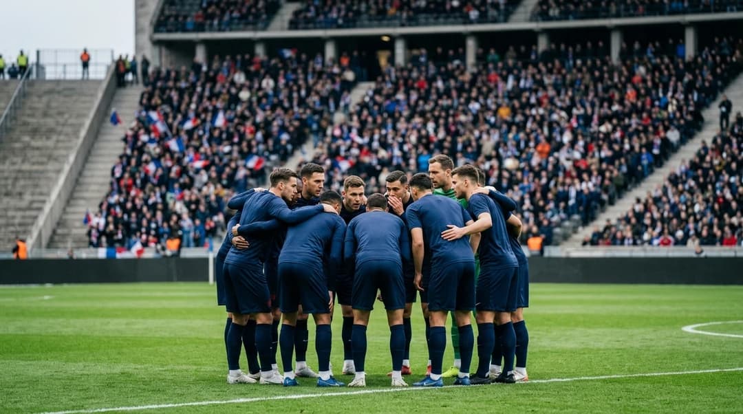 Sevilla players huddled in a circle on the pitch before a match.