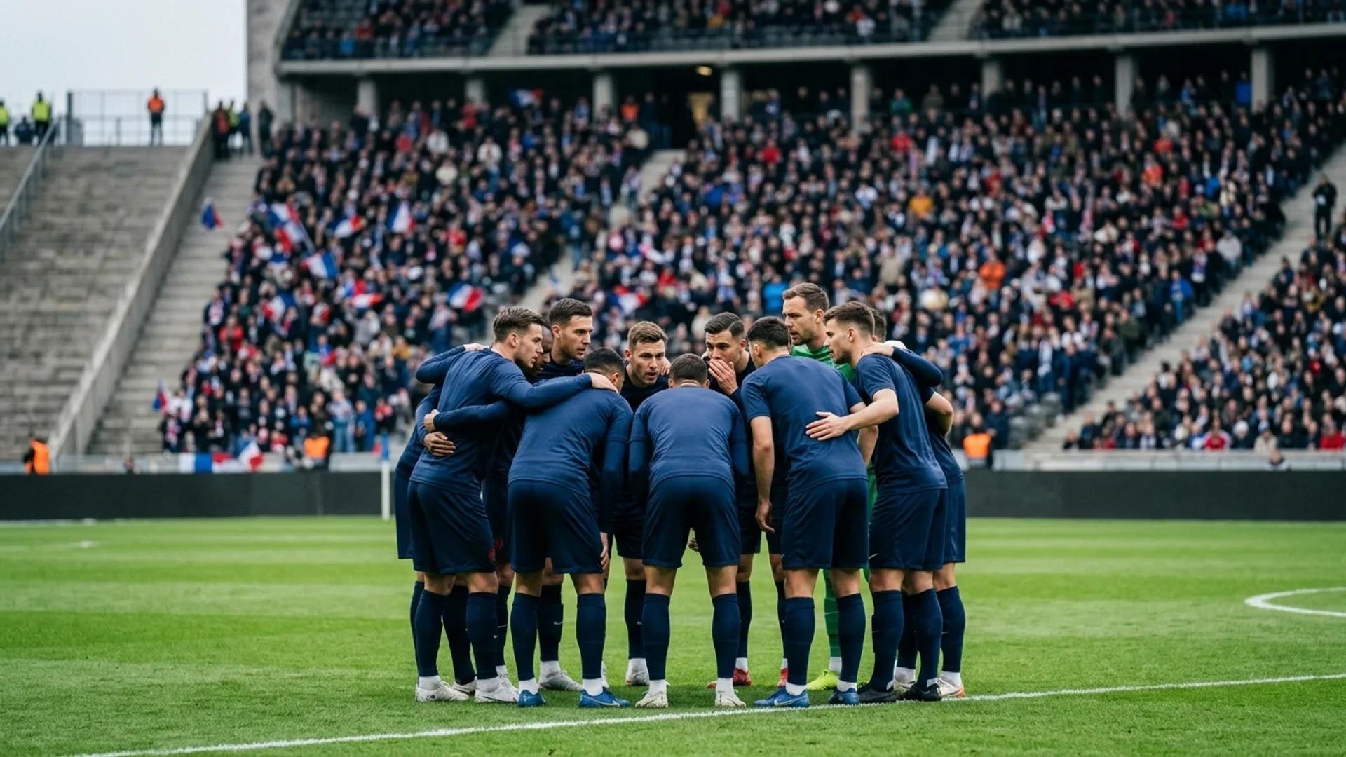 Sevilla players huddled in a circle on the pitch before a match.