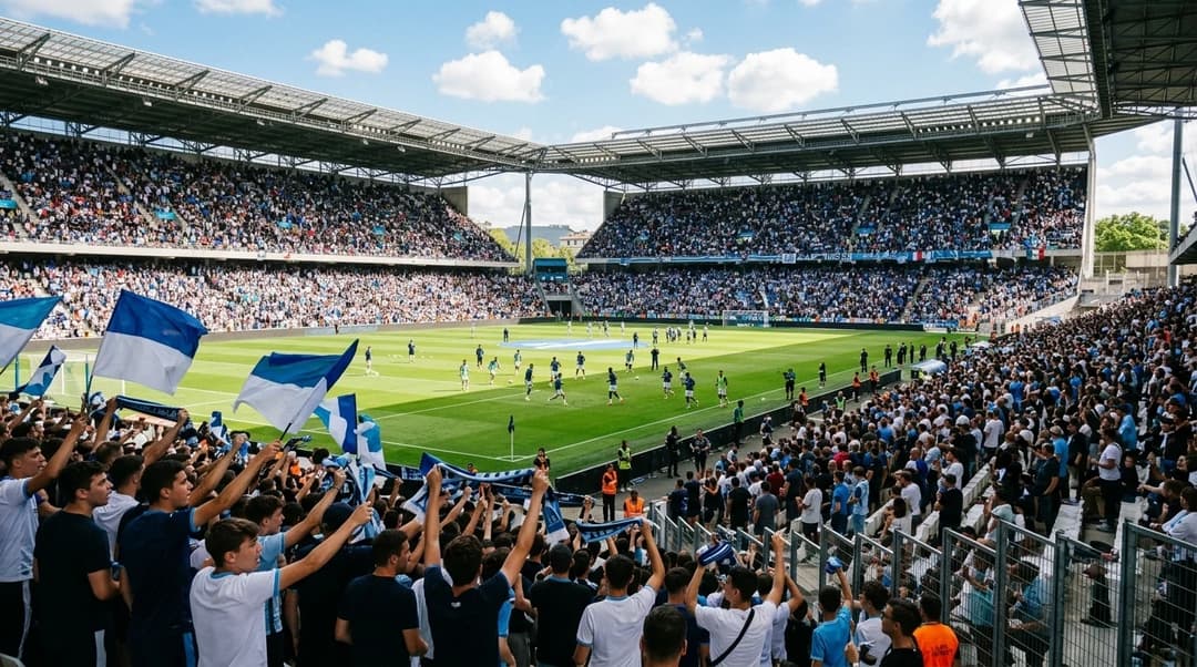 A wide view of a lively football stadium filled with fans, showcasing excitement for the season opener between Marseille and Le Havre.