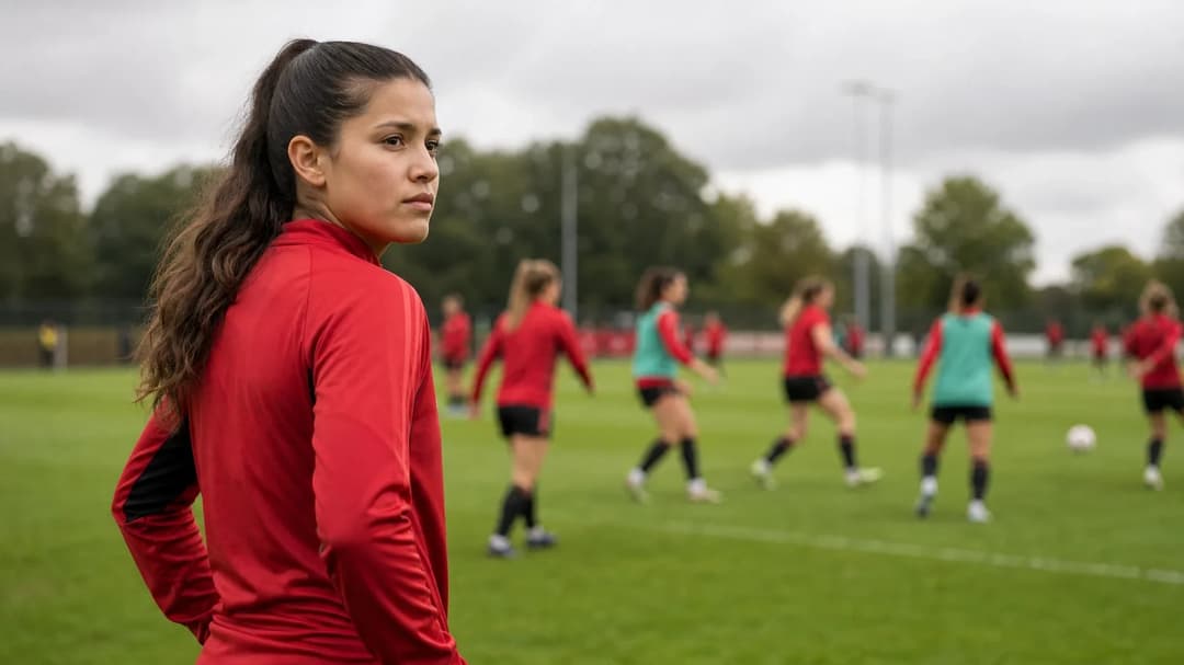 Rebeca Bernal in a Manchester United training session, focusing on her teammates.