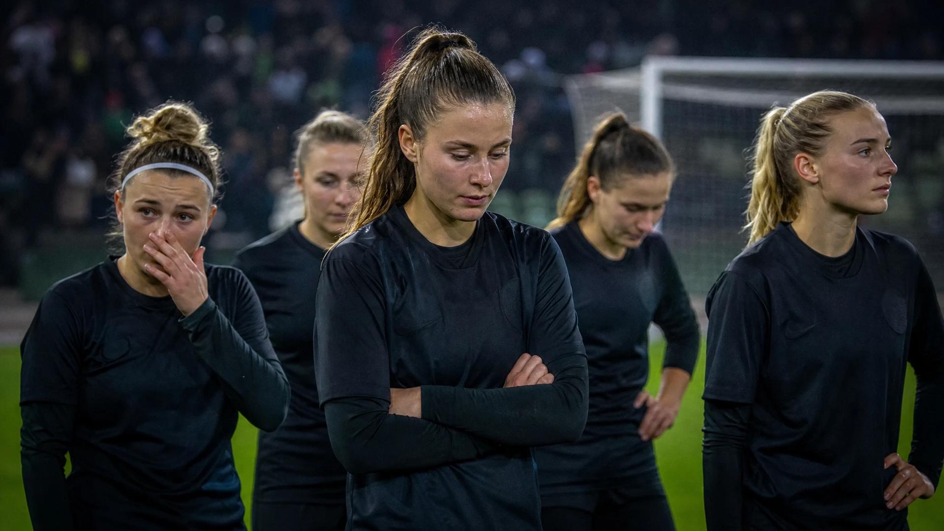 A group of female football players from VfL Wolfsburg standing on the pitch, looking disappointed.