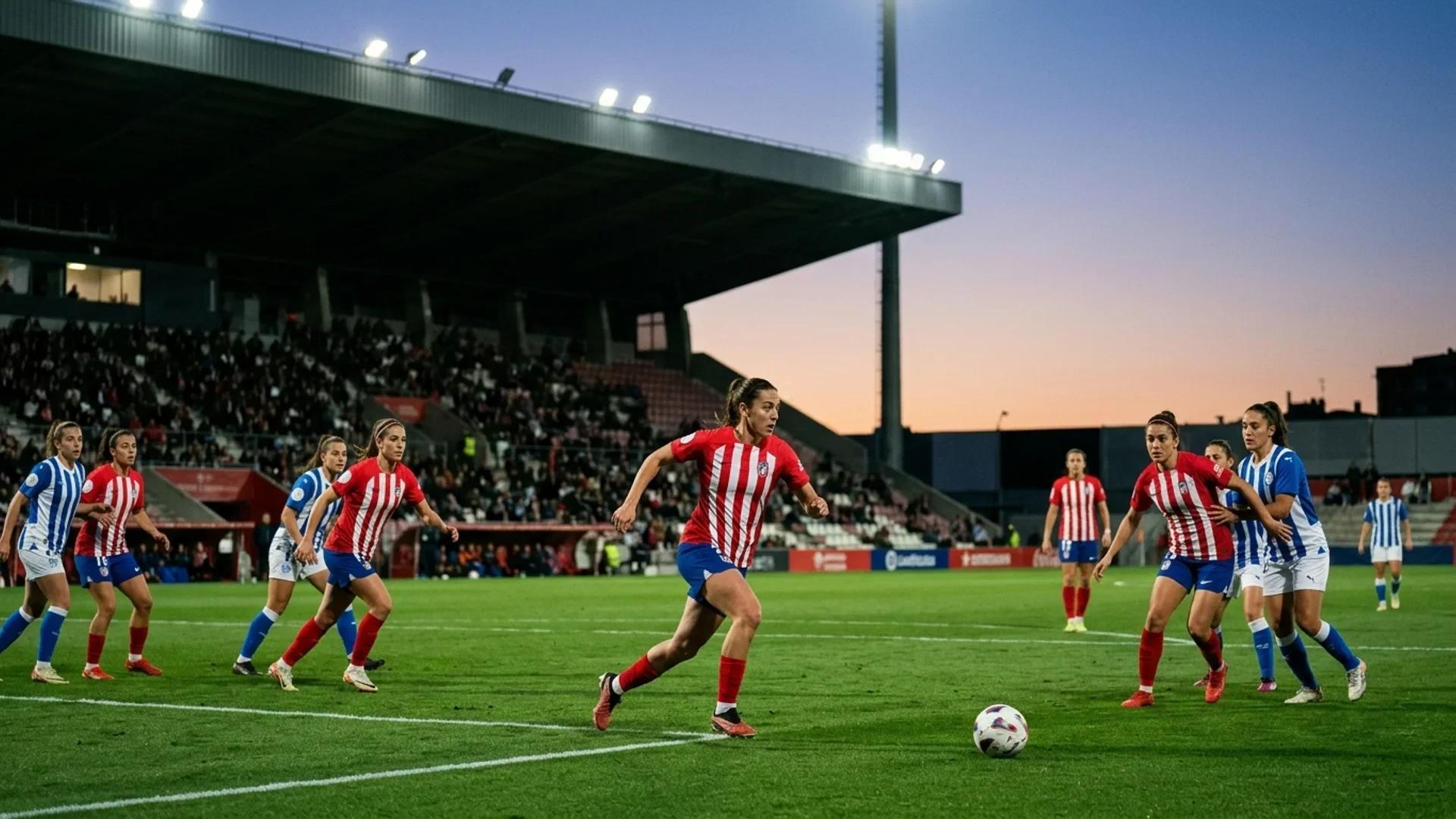 Atletico Madrid women's football players engaging in a competitive match against Deportivo Alavés during dusk.