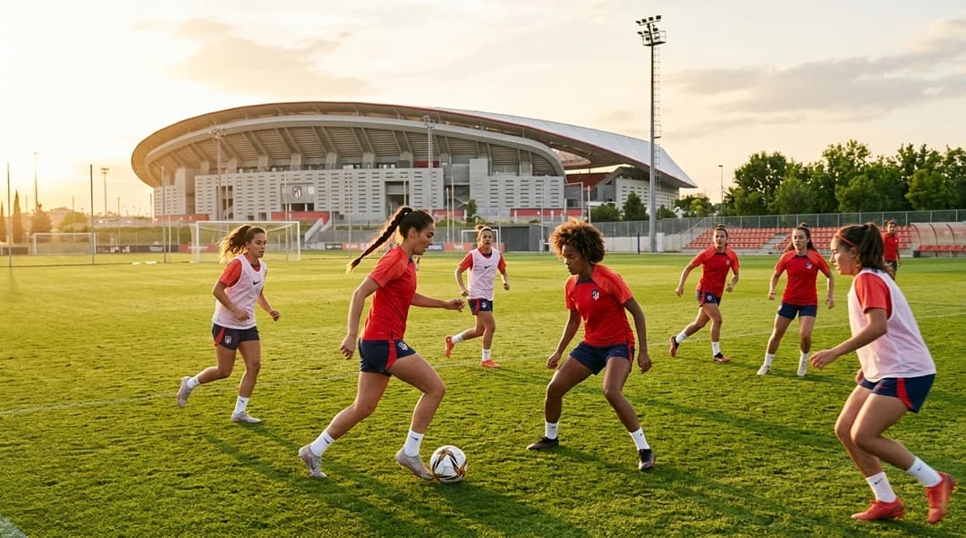 A group of female football players training at sunset, showcasing teamwork and skill.