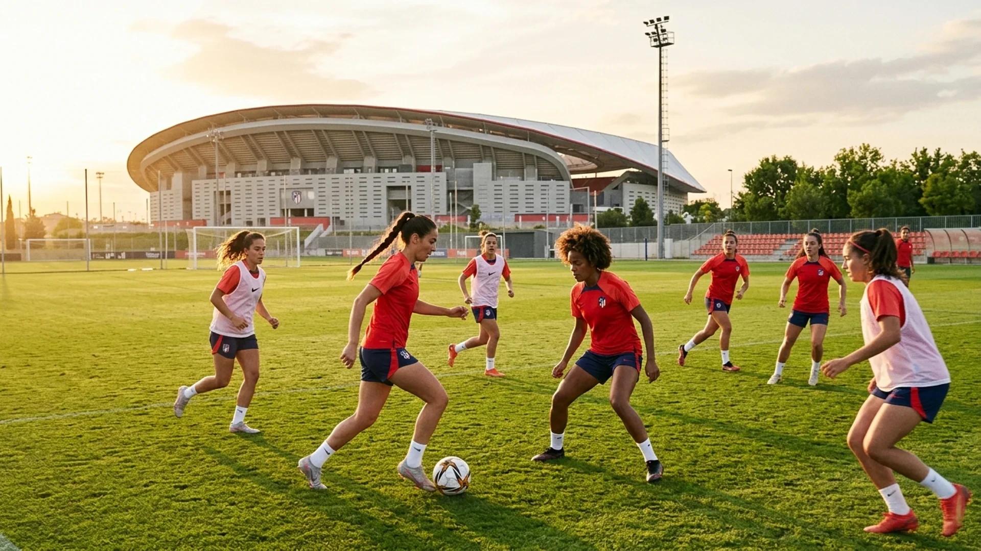 A group of female football players training at sunset, showcasing teamwork and skill.