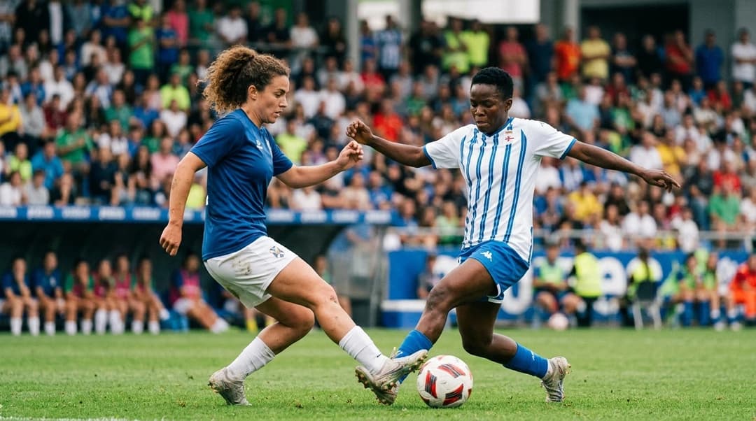 Two female football players competing for the ball on a vibrant stadium pitch.