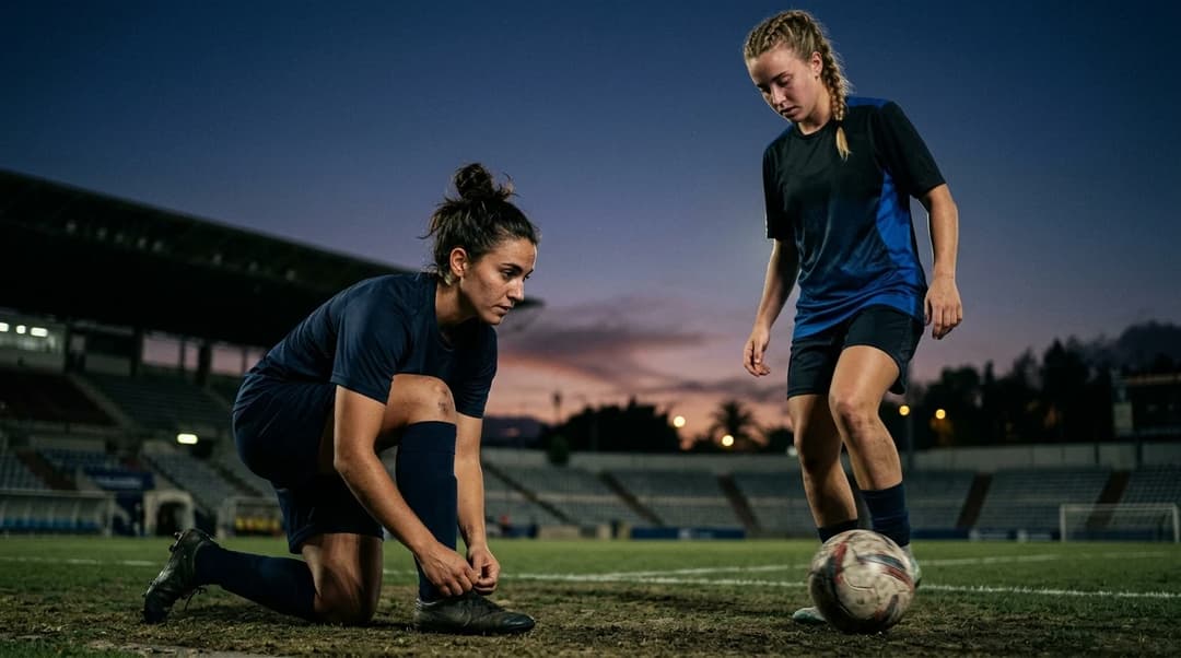 Two female football players preparing for a match in a dimly lit stadium.