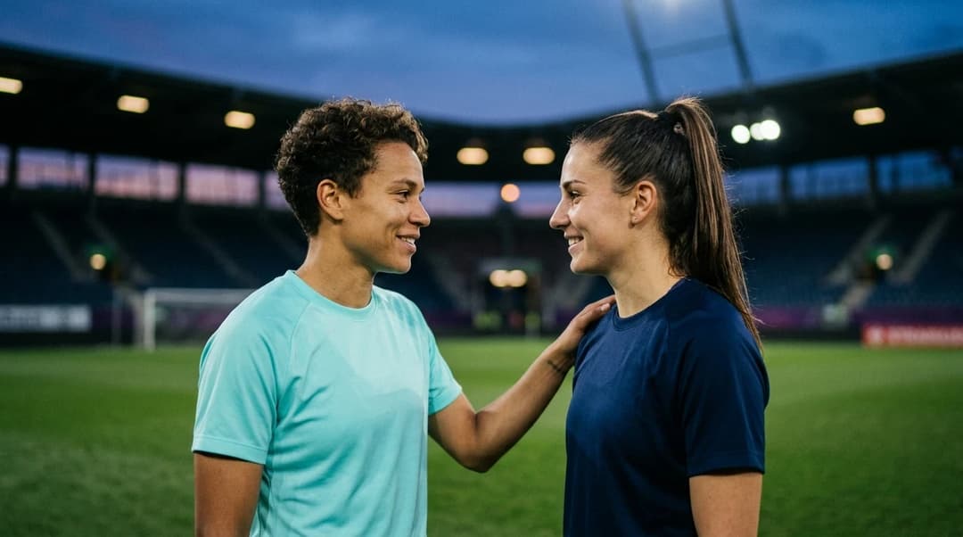 Two female football players share a moment of camaraderie before a match, with a blurred stadium in the background.