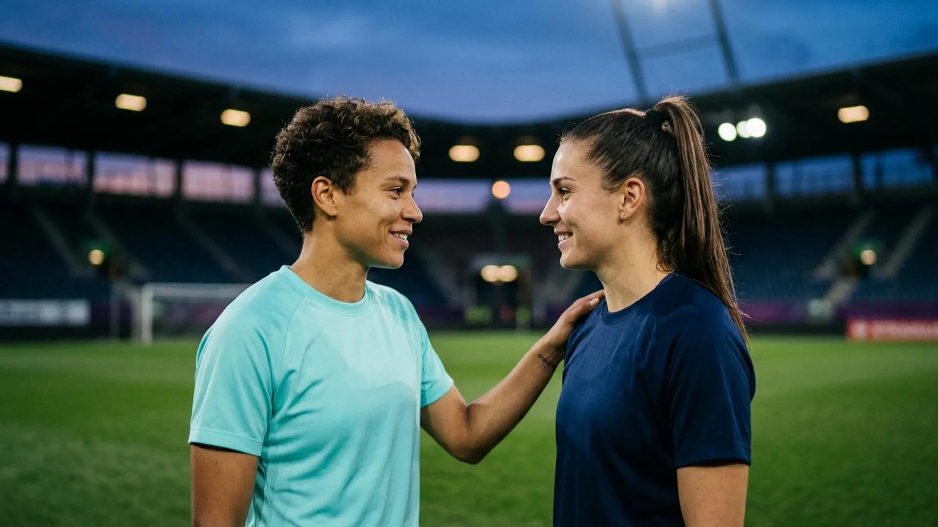 Two female football players share a moment of camaraderie before a match, with a blurred stadium in the background.