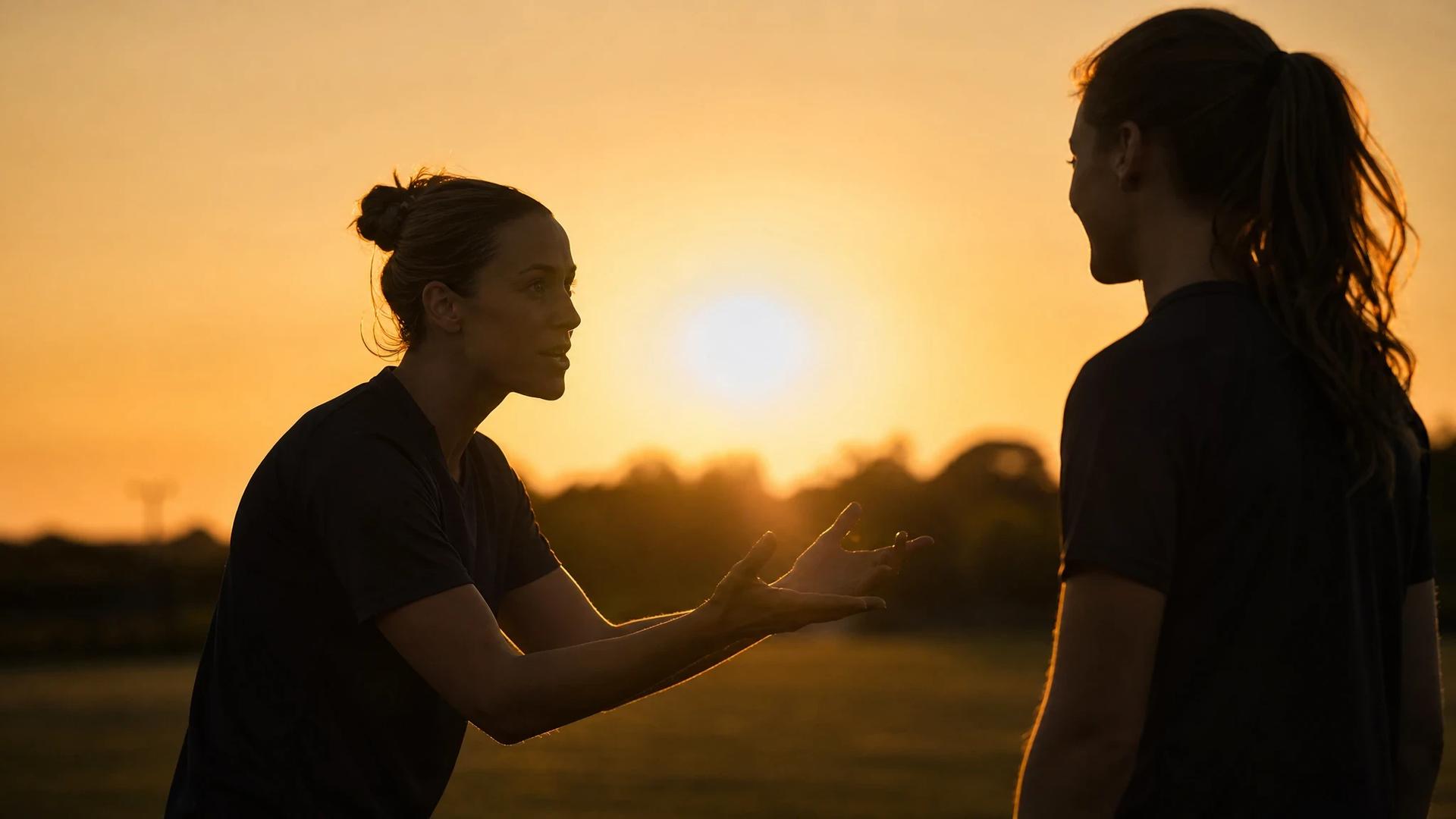 Silhouette of two female football players interacting against a golden-hour background.
