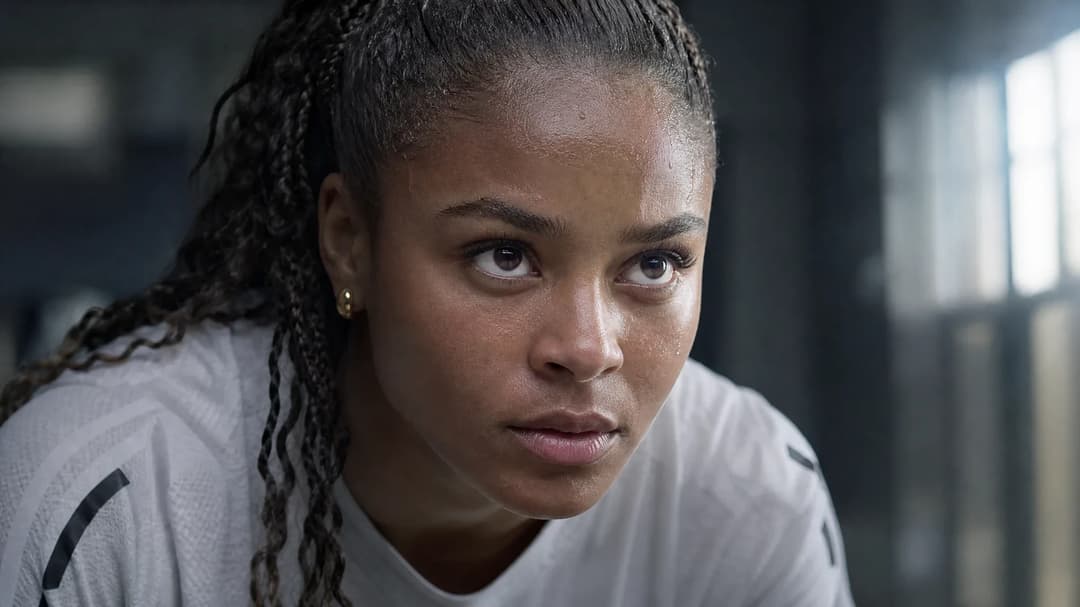 A close-up of Felicia Schröder in a locker room, showing her intense expression before her debut.