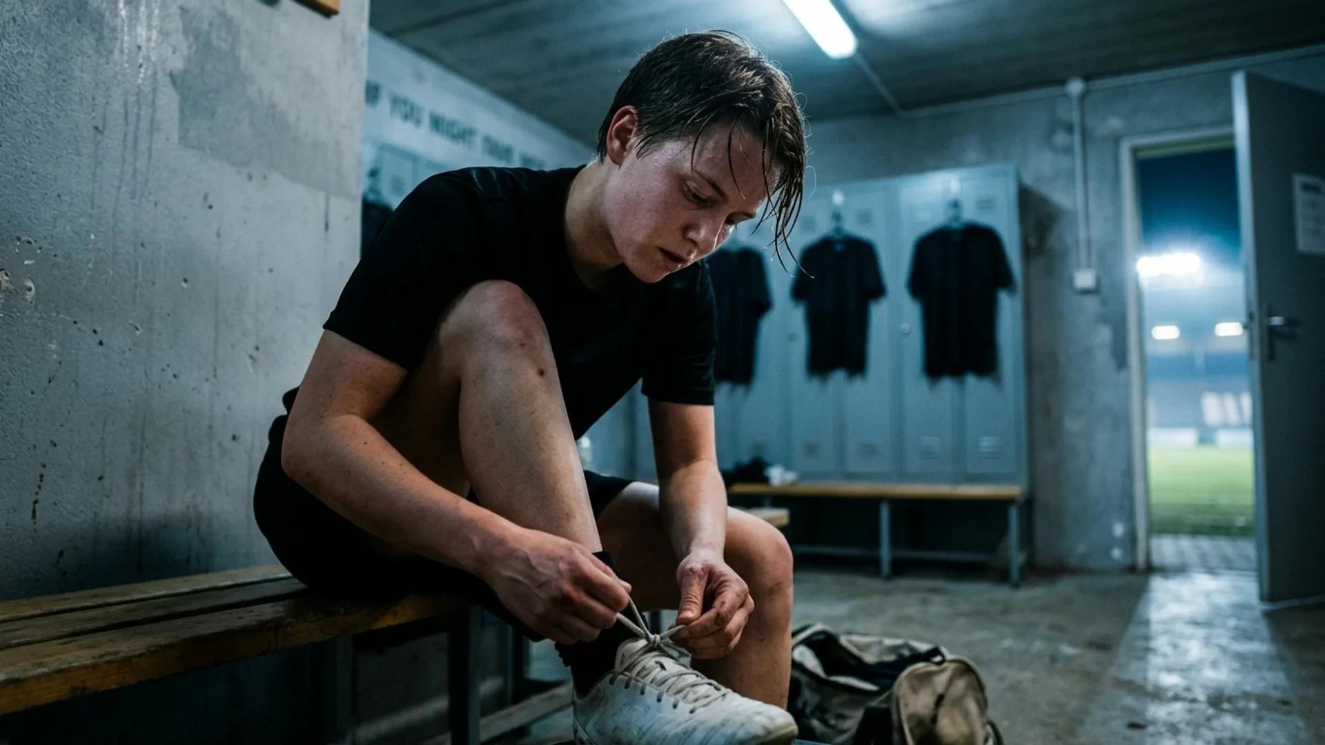 A female football player tying her shoelaces in a locker room, illuminated by fluorescent lights.