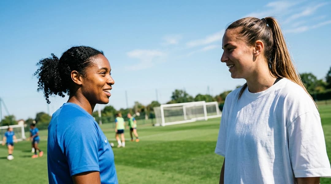 Two female football players engage in a candid conversation on the sidelines of a training ground under harsh midday sunlight.