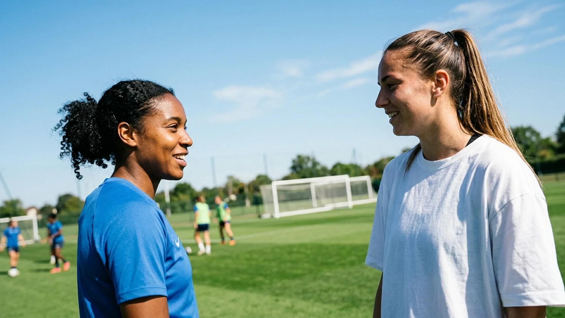 Two female football players engage in a candid conversation on the sidelines of a training ground under harsh midday sunlight.