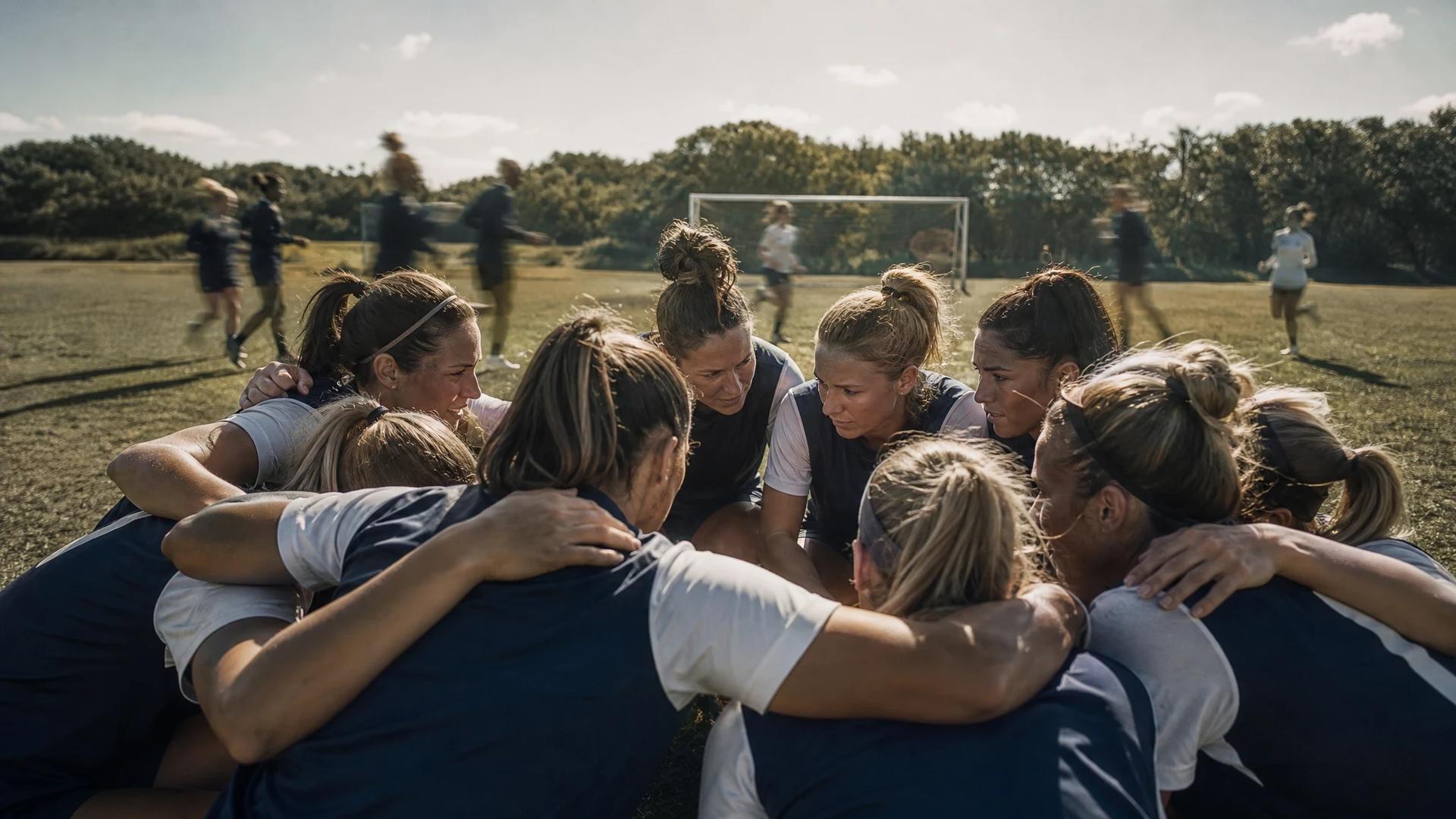 A group of female football players in a huddle on the pitch, reflecting on their performance.