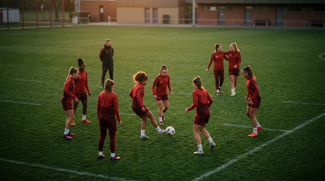 Bird's-eye view of Bayern München's women's football team training on a green pitch.