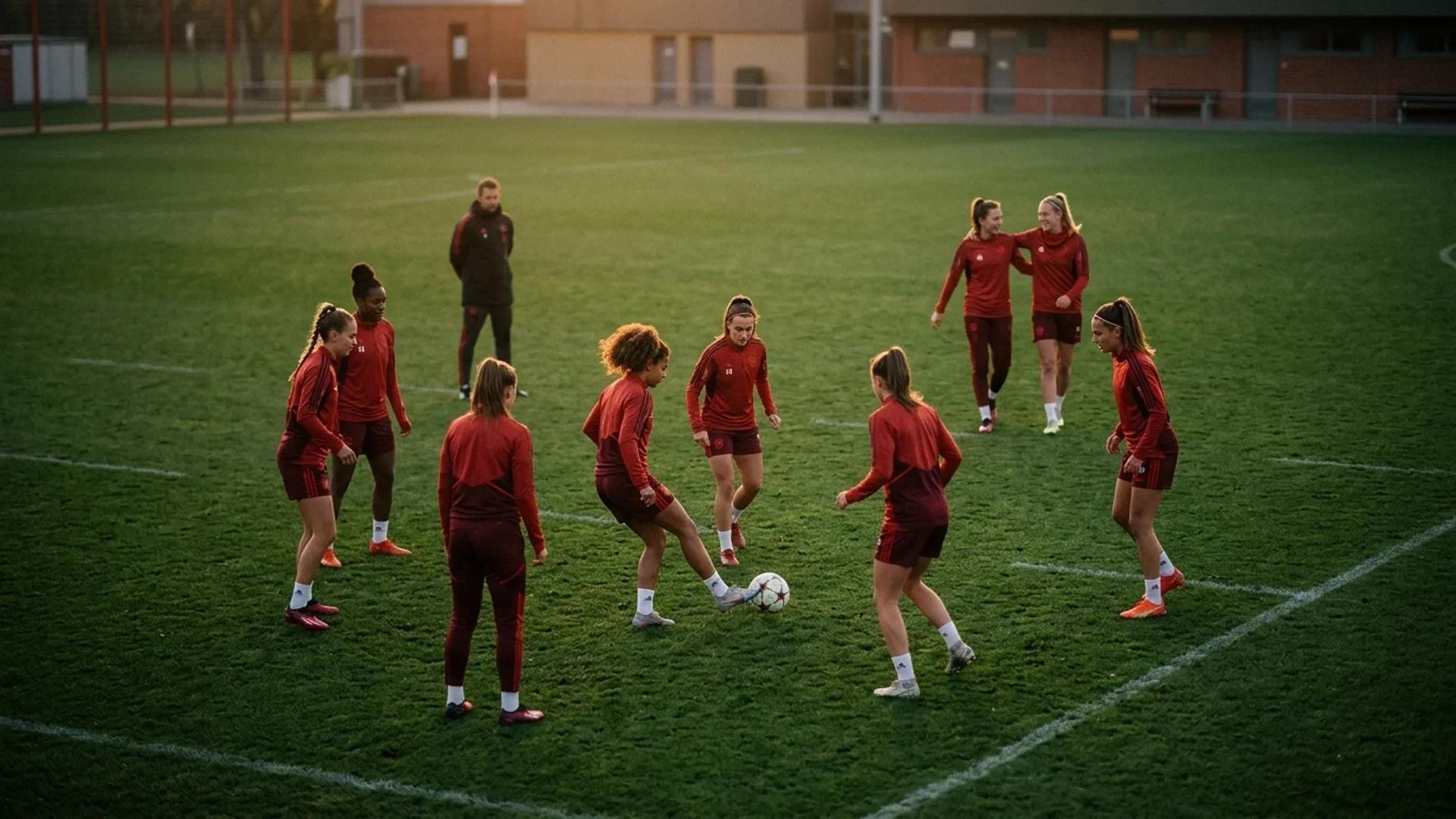 Bird's-eye view of Bayern München's women's football team training on a green pitch.