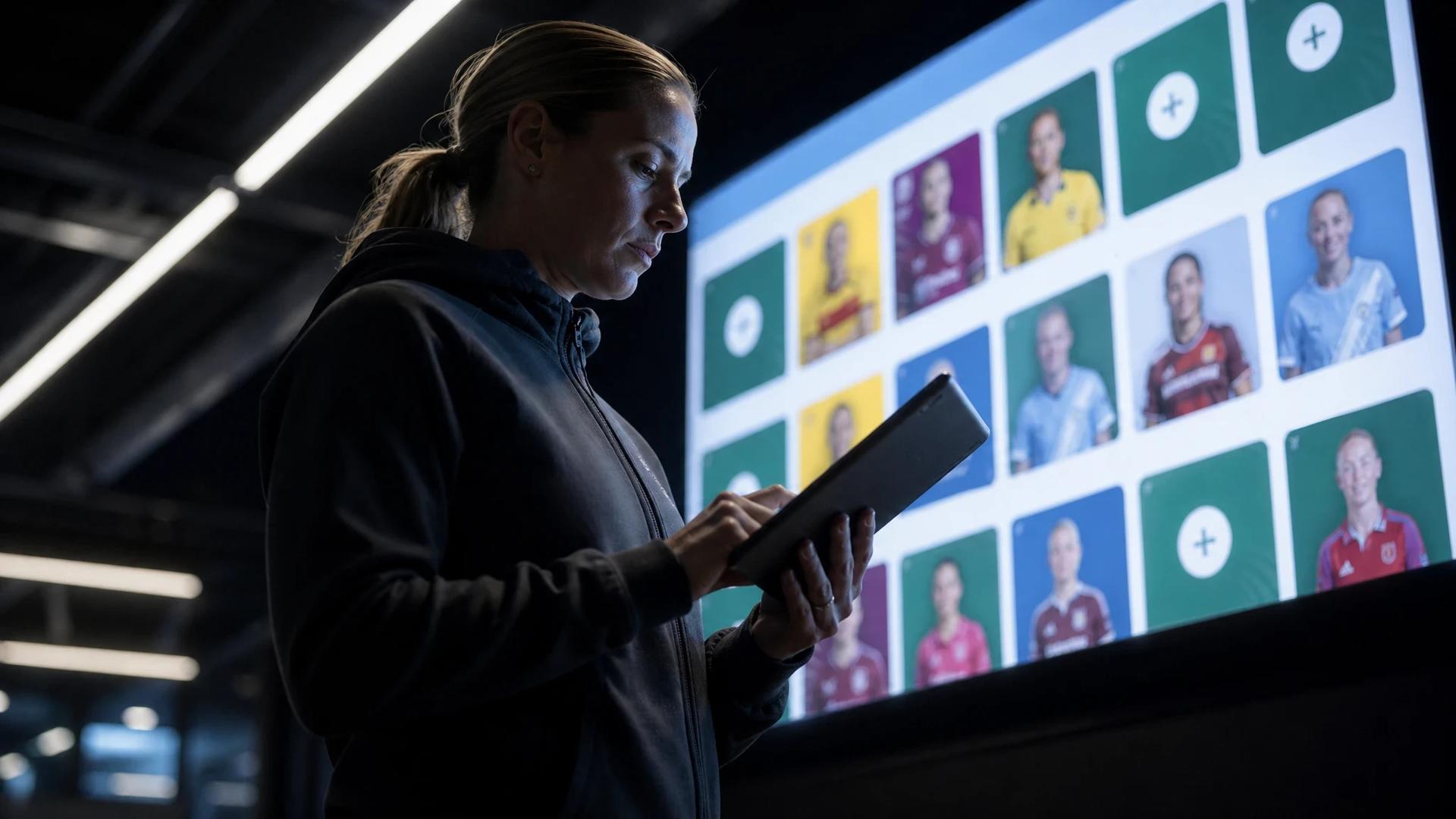 A female football manager stands silhouetted against a large screen, intensely focused on a digital tablet.