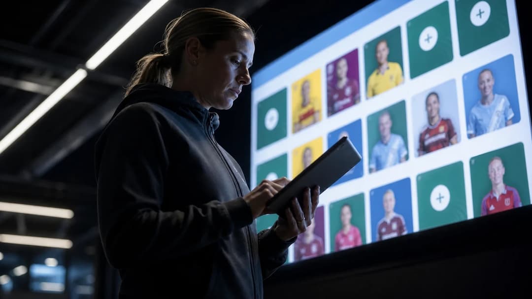 A female football manager stands silhouetted against a large screen, intensely focused on a digital tablet.