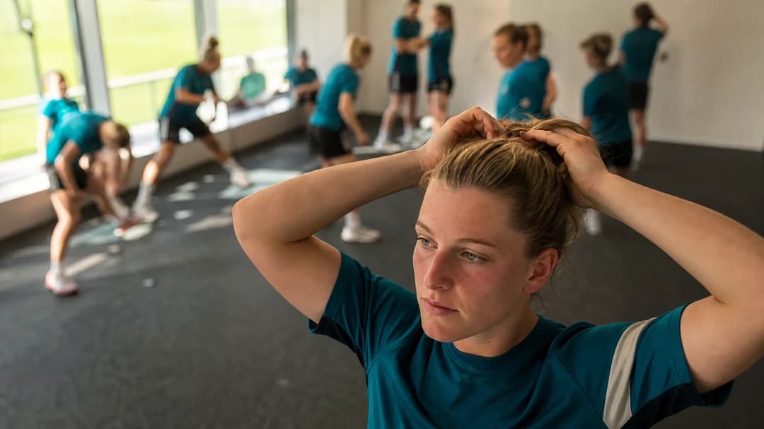 Lisa Karl adjusting her hair while preparing for a match, surrounded by teammates warming up.