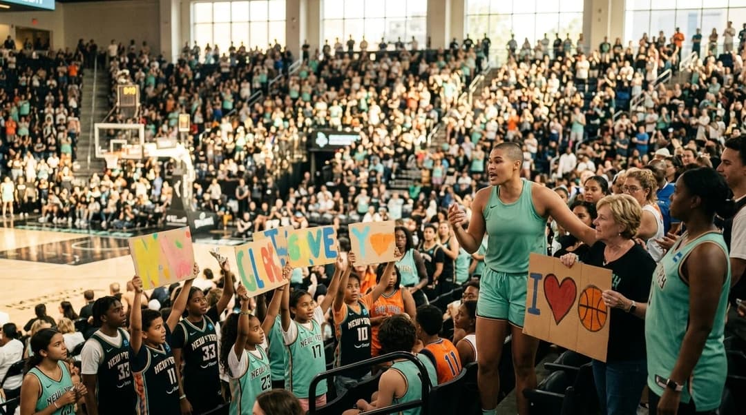 An aerial view of a crowded basketball arena filled with enthusiastic fans supporting the New York Liberty.