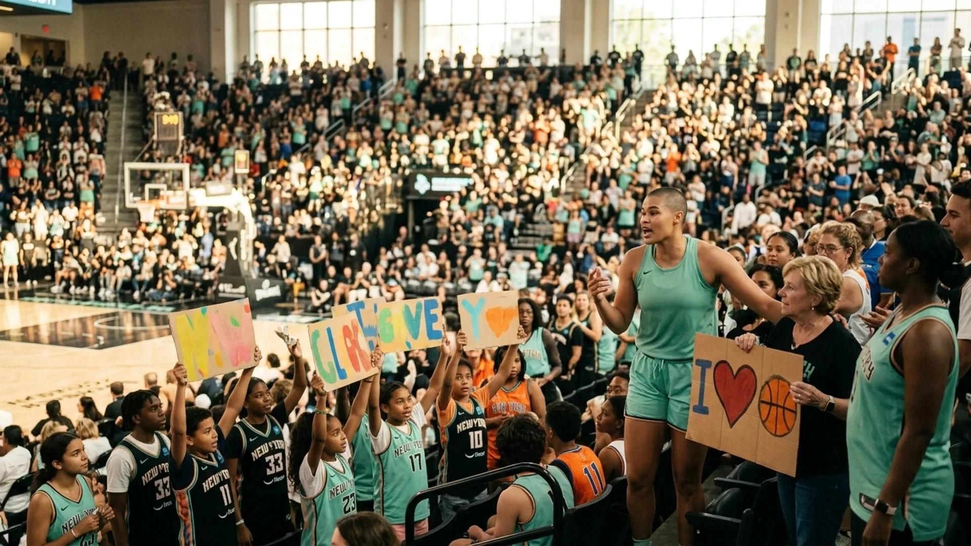An aerial view of a crowded basketball arena filled with enthusiastic fans supporting the New York Liberty.